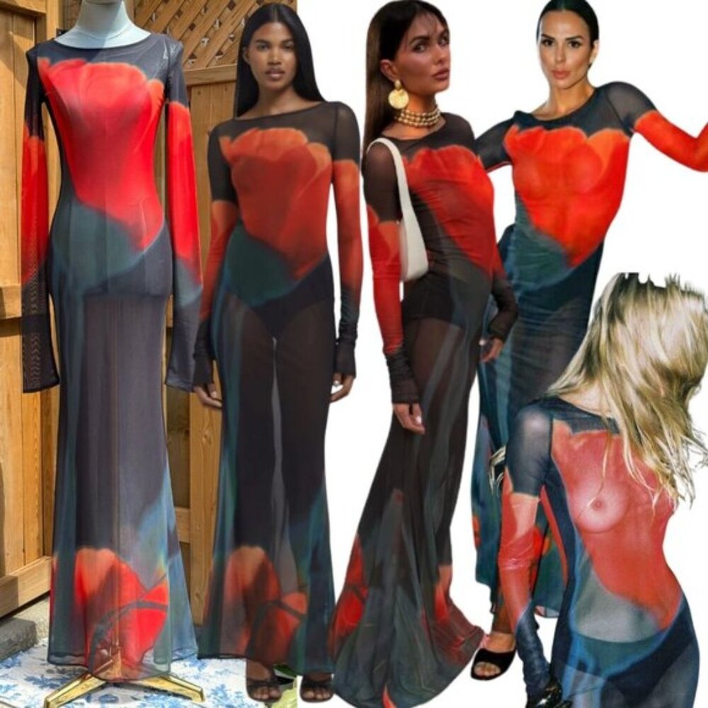 🆕 RAT & BOA 🧿 NWOT Juniper Sheer Long Sleeve Dress, Dark Red Tulip, Sz XXS